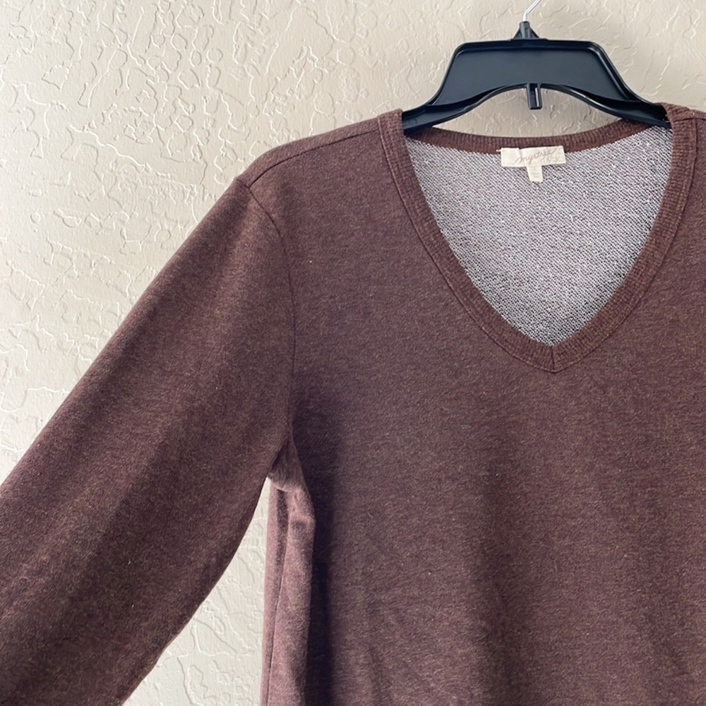 🌿Final Sale Anthro Mystree Brown‎ V Neck Ruffle Trim Sweater - Picture 4 of 12